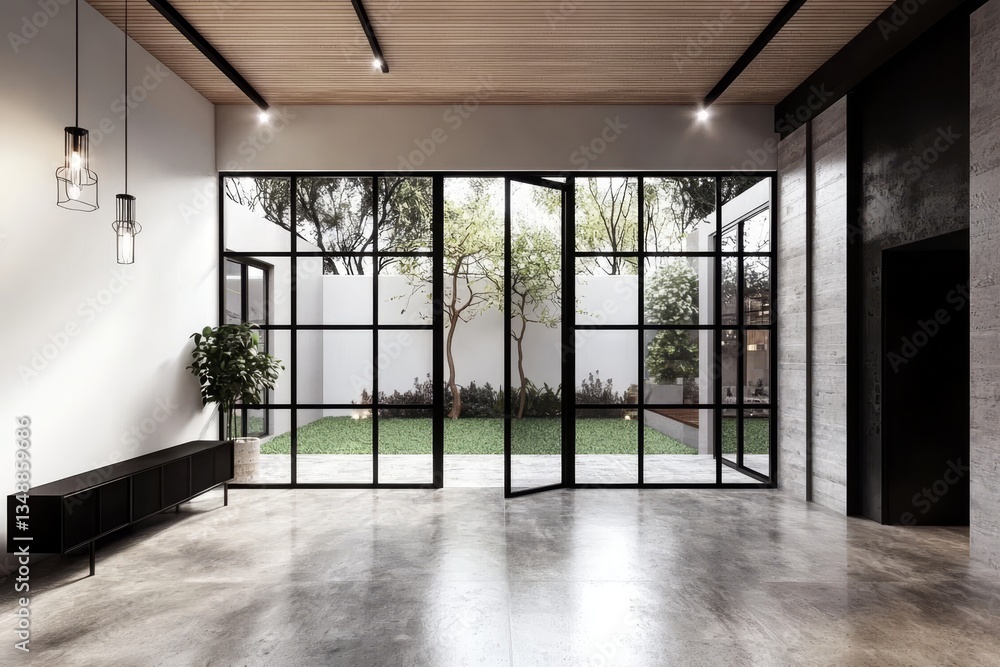 Obraz premium Beautiful wooden plank ceiling adds warmth to the empty room.