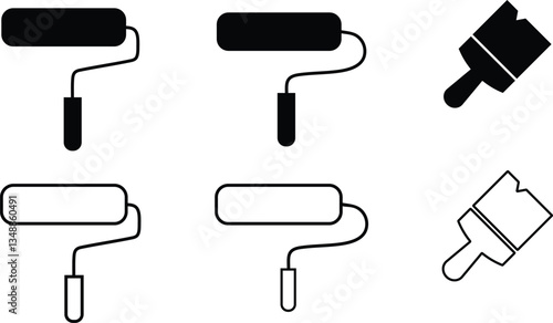 Paint icons. Paint rollers and brushes in black and white.