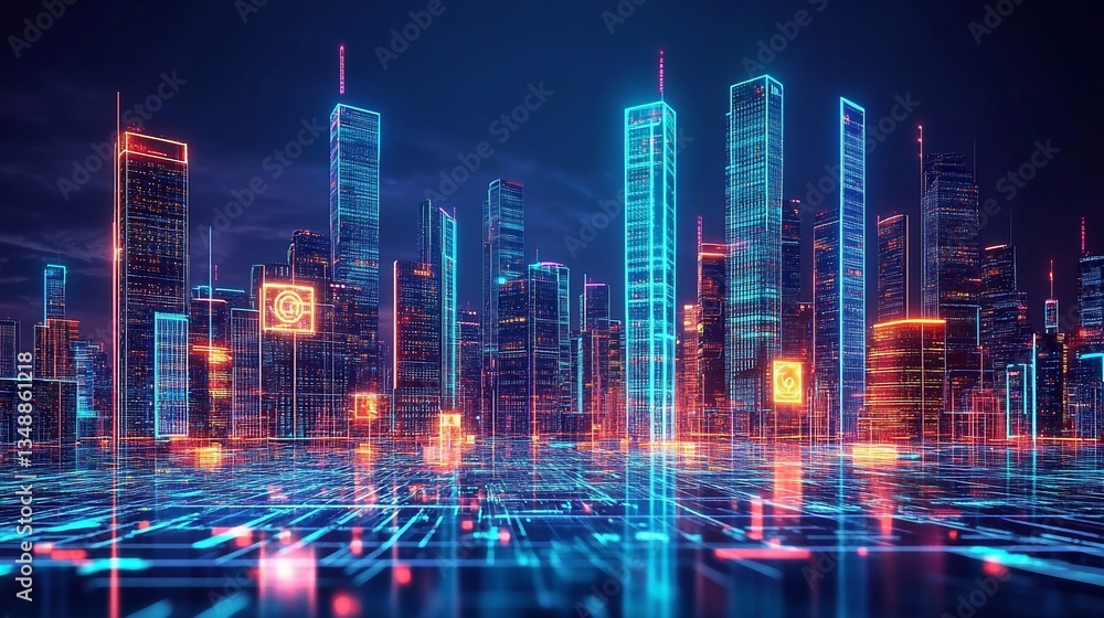 Vibrant futuristic city skyline illuminated at night with glowing buildings and digital elements Vibrant futuristic city skyline illuminated at night with glowing buildings and digital elements