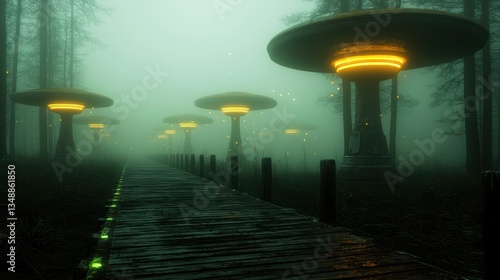 Wallpaper Mural Mysterious pathway illuminated by glowing structures in a foggy forest at twilight Torontodigital.ca