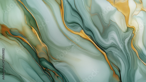 Abstract fluid ink painting with green and gold marble texture