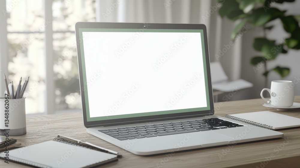 Fototapeta premium Modern workspace with a laptop displaying a blank screen, ready for use, surrounded by office supplies and coffee.