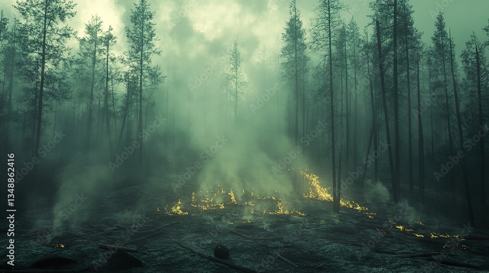 Obraz premium A forest fire burns with smoke and ominous green haze present