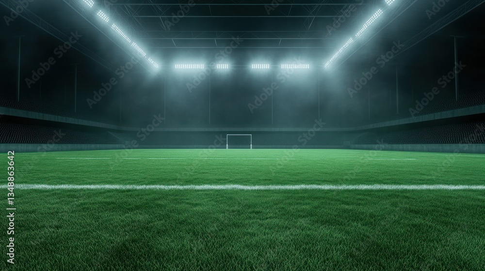 Fototapeta premium Empty Stadium Night Football Field: Green Grass, Bright Lights