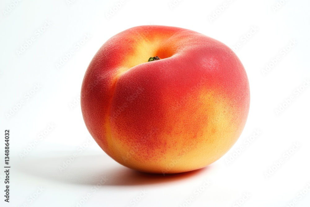 A single ripe peach, exhibiting a vibrant blend of red and yellow hues, sits against a stark white backdrop. A single ripe peach, exhibiting a vibrant blend of red and yellow hues, sits against a stark white backdrop.