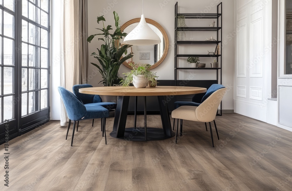 Fototapeta premium A Scandinavian-style dining room with wooden paneling, white walls, and a round table in the center, surrounded by four chairs