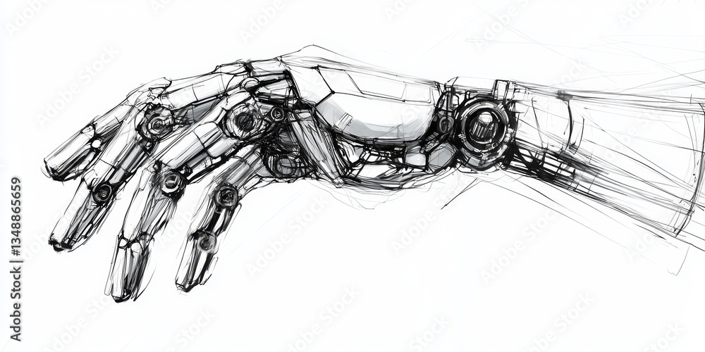 A conceptual drawing of a robotic hand, blending technology with artistry. A conceptual drawing of a robotic hand, blending technology with artistry.
