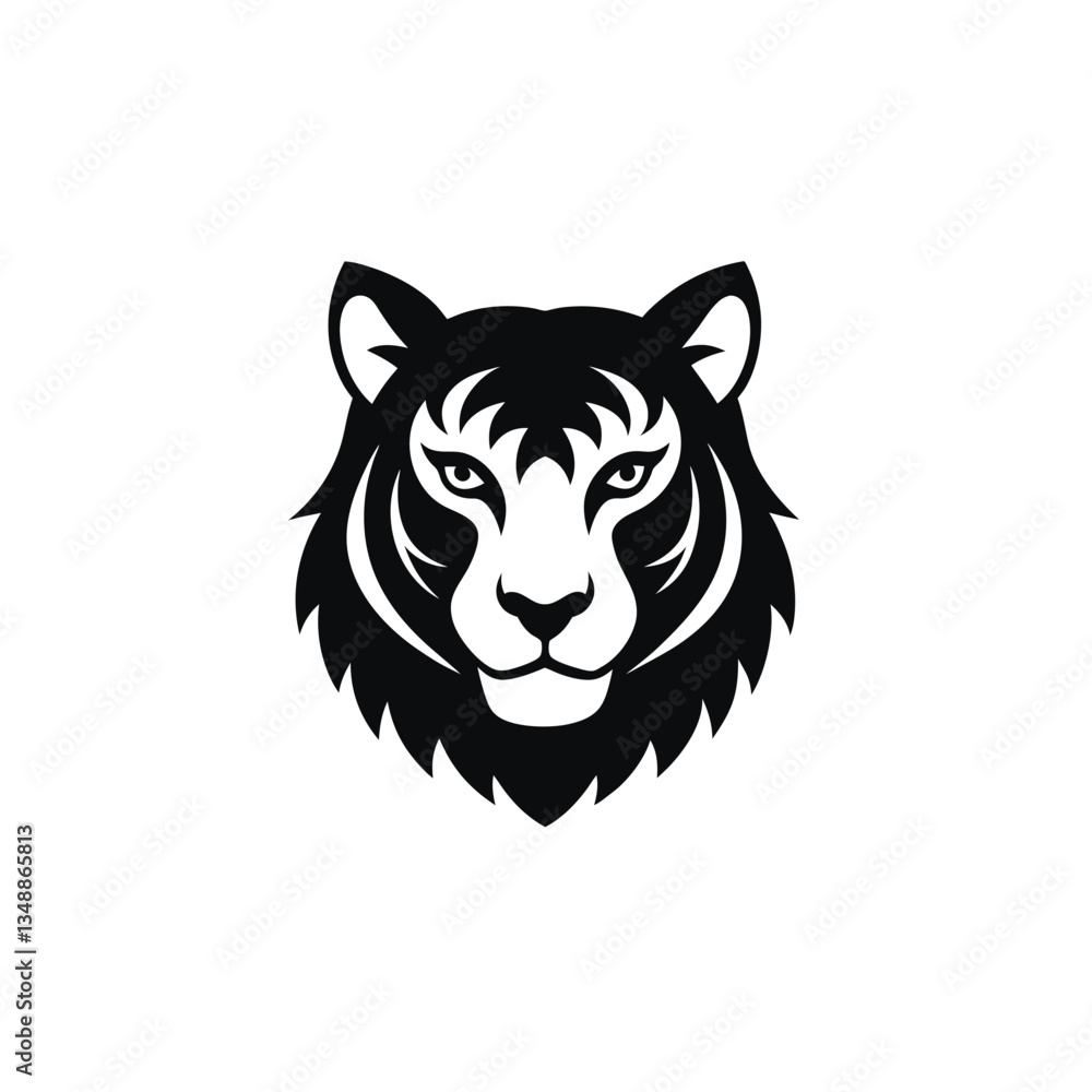 A striking tiger face silhouette vector design on a clean white background. The bold, black outline captures the fierce and majestic features of the tiger, making it ideal for logos, posters, or wildl A striking tiger face silhouette vector design on a clean white background. The bold, black outline captures the fierce and majestic features of the tiger, making it ideal for logos, posters, or wildl