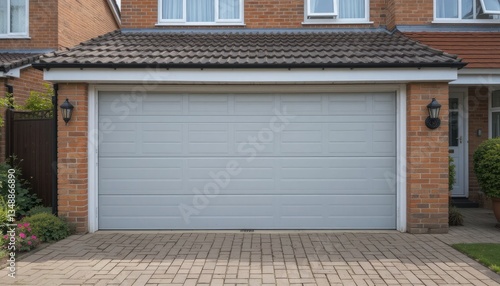 A neat front garden complements a modern, horizontally paneled up-and-over garage door in a suburban brick home in the United Kingdom.