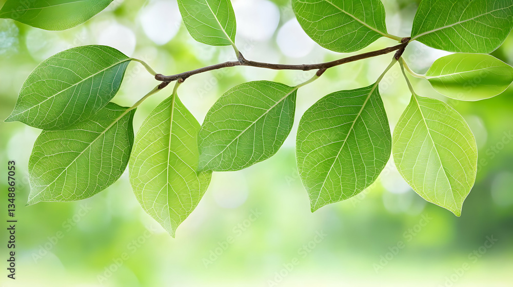 Fresh Green Leaves on Branch Captured in Natural Light Background Fresh Green Leaves on Branch Captured in Natural Light Background