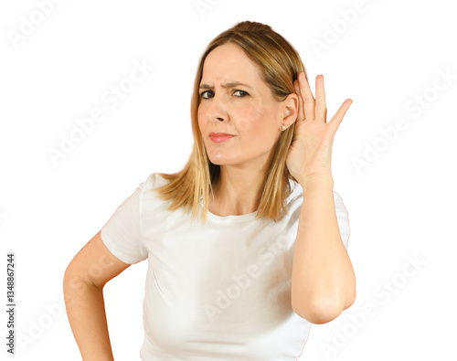 Wallpaper Mural Young woman over isolated transparent background listening to something by putting hand on the ear. PNG transparent Torontodigital.ca