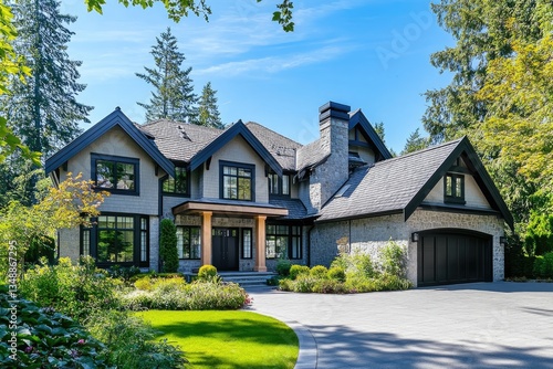 A large, elegant home in the Pacific Northwest region of Washington state is surrounded by trees and greenery, showcasing an expansive front yard that includes lush lawn grass