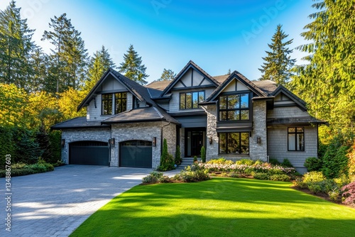 A large, elegant home in the Pacific Northwest region of Washington state is surrounded by trees and greenery, showcasing an expansive front yard that includes lush lawn grass