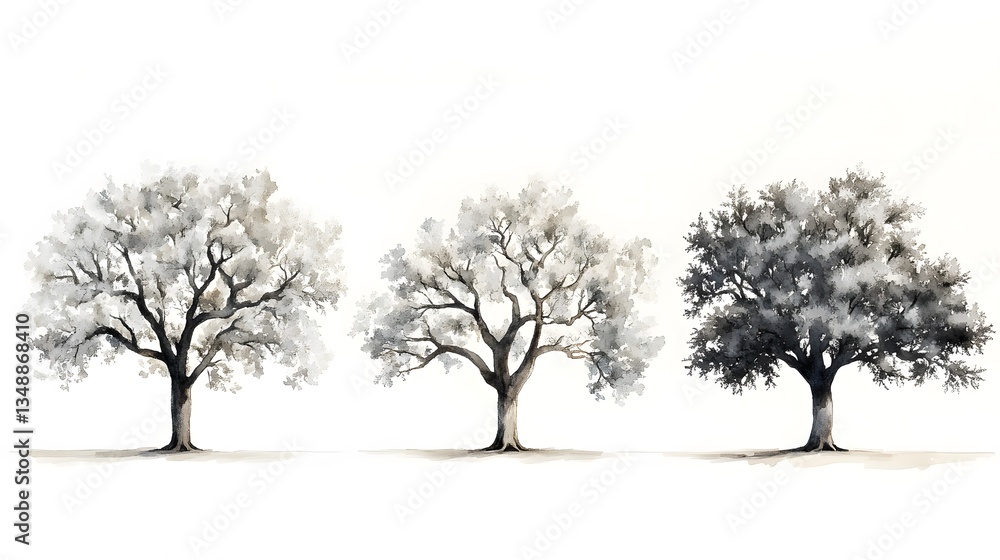 Three Watercolor Trees Rendered In Shades Of Grey On White Three Watercolor Trees Rendered In Shades Of Grey On White