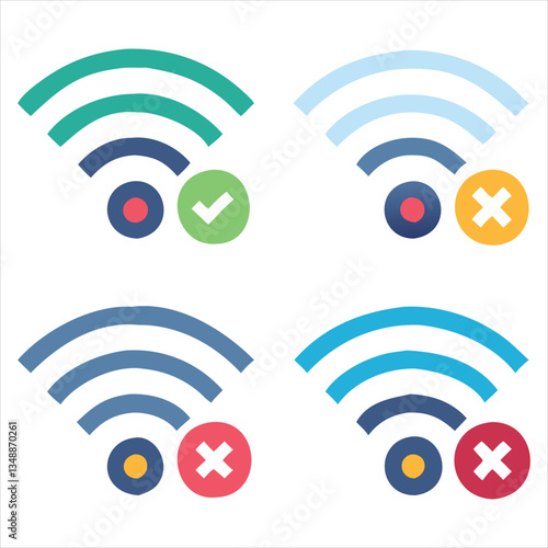 Wi-Fi Connection Status Icon Set with Checkmark, Exclamation, Cross, and Loading Symbols

