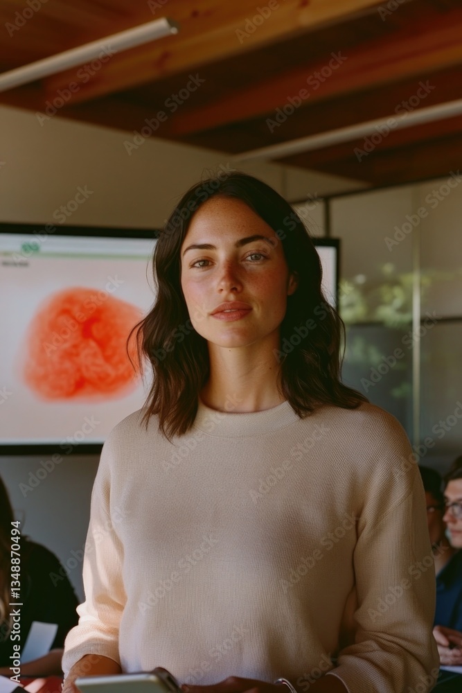 Obraz premium Confident woman stands before audience, engaging with captivatin