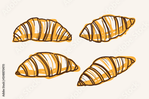 Hand drawn set with abstract Croissants. Vector sketch with French baked goods. Food illustration, pastry. Design for wrapping, label, paper, card, paper, banner, print, sign. For bakery, cafe, menu