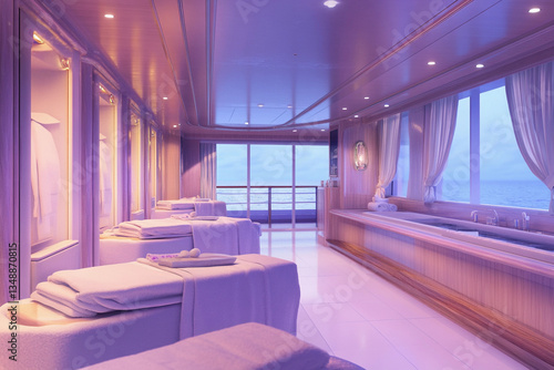 Relaxing yoga space on a cruise ship deck overlooking the ocean during sunrise