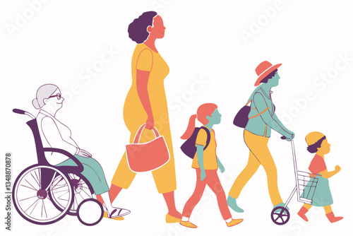 72 Colorful line drawing, diverse group of people, various ages and body types, different outfits and accessories, walking poses, wheelchair user, bicycle rider, pregnant woman, children, elderly, cas
