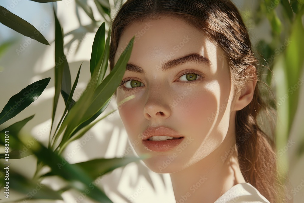 a brunette model with a plant in front of her face, against a white background and minimalistic palm leaves a brunette model with a plant in front of her face, against a white background and minimalistic palm leaves