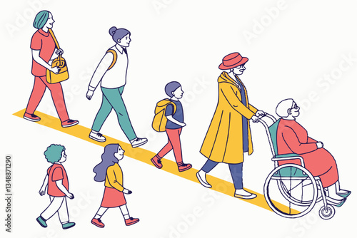 72 Colorful line drawing, diverse group of people, various ages and body types, different outfits and accessories, walking poses, wheelchair user, bicycle rider, pregnant woman, children, elderly, cas