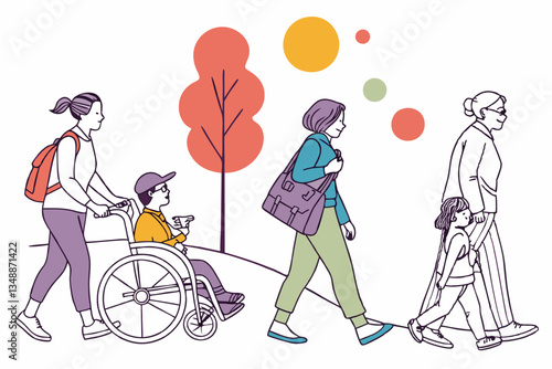 72 Colorful line drawing, diverse group of people, various ages and body types, different outfits and accessories, walking poses, wheelchair user, bicycle rider, pregnant woman, children, elderly, cas