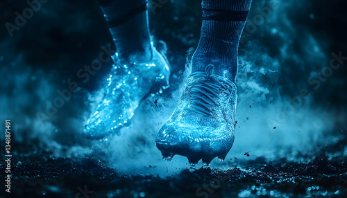 Electric blue soccer cleats splashing through mud under a dramatic night sky with fog