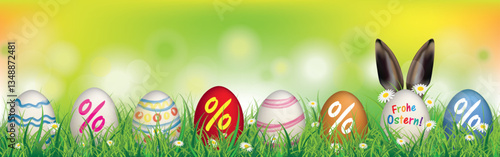 Osteraktion Banner mit bunten Ostereiern im Gras