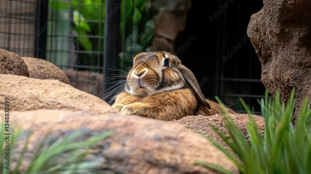 Naklejka premium A relaxed rabbit lounging on rocks in a lush green environment with soft lighting