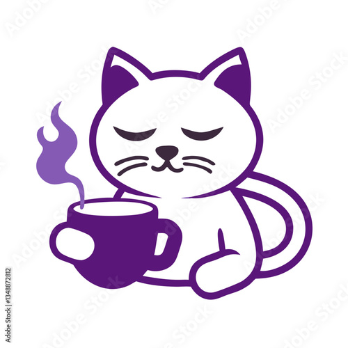 Relaxed cat holding steaming coffee cup icon