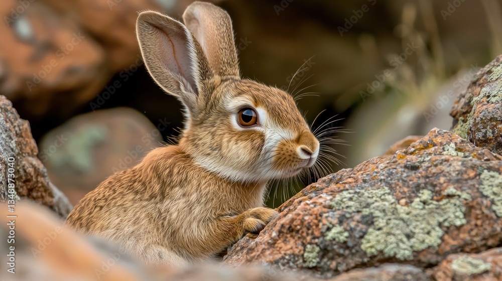 Fototapeta premium A curious rabbit perched on rugged rocks in a natural landscape, observing its surroundings