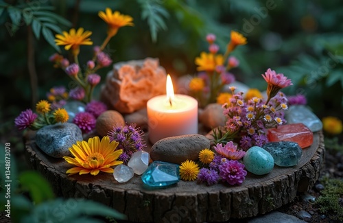 Candle burns on wooden slab. Various gemstones, colorful flowers in forest natural background. Magic, witchcraft, spiritual practice, pagan, Wiccan, Slavic traditions. Esoteric ritual for Midsummer,