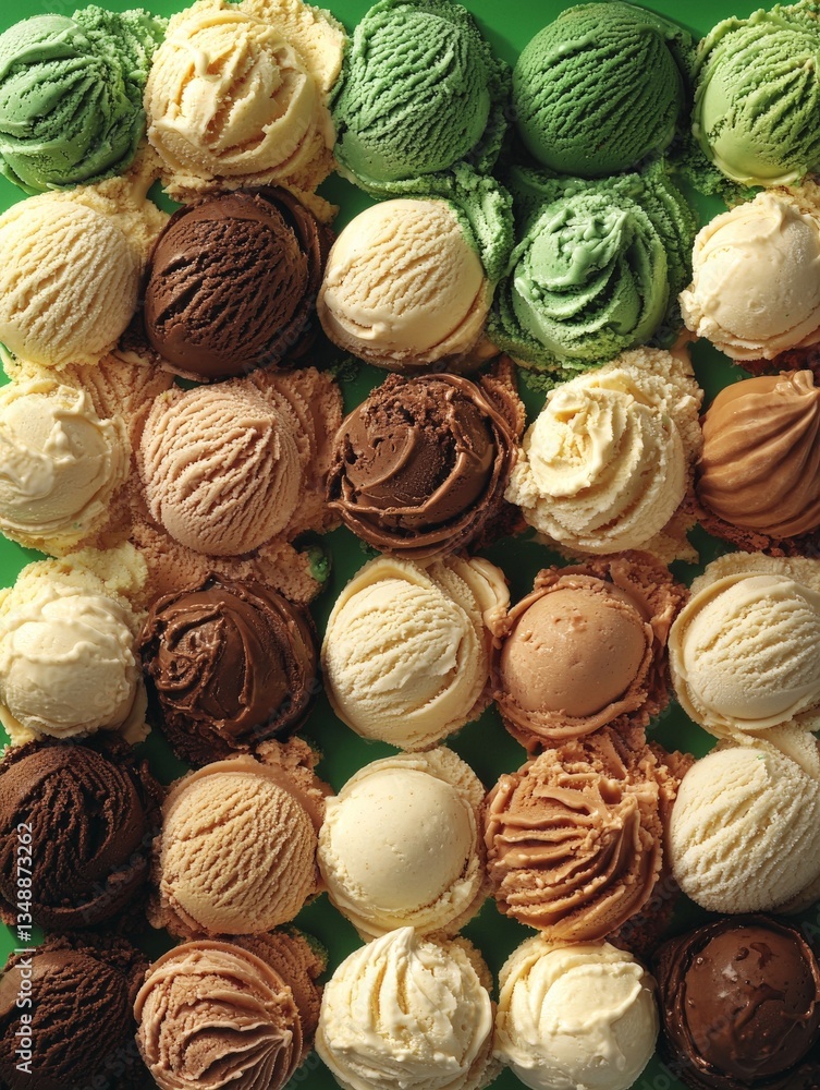 Neatly arranged variety of ice cream scoops in a tight grid pattern featuring an assortment of flavors and colors highlighting frozen delight and gourmet styling Neatly arranged variety of ice cream scoops in a tight grid pattern featuring an assortment of flavors and colors highlighting frozen delight and gourmet styling