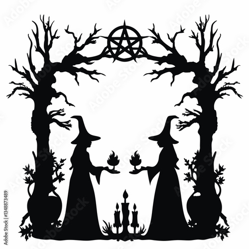 Witches performing ritual under pentagram arch icon
