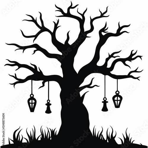 Haunted tree with hanging lanterns and charms icon