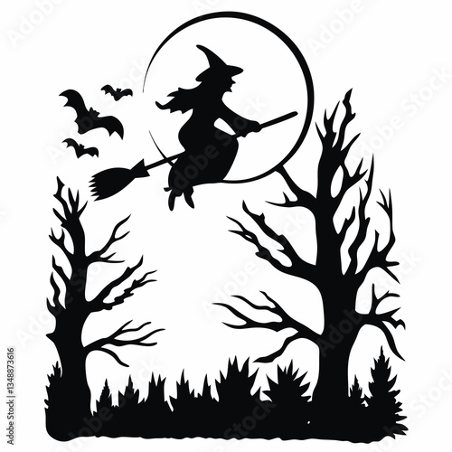 Witch flying on broomstick with bats and full moon icon