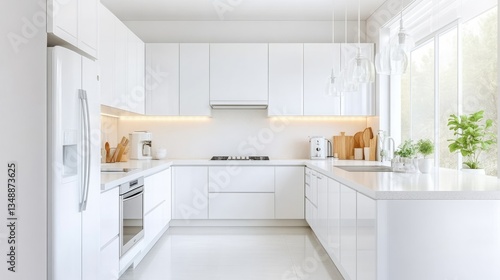 Wallpaper Mural Modern, bright, minimalist kitchen design.  Features sleek white cabinets, countertops, and appliances.  Open concept, emphasizing natural light Torontodigital.ca