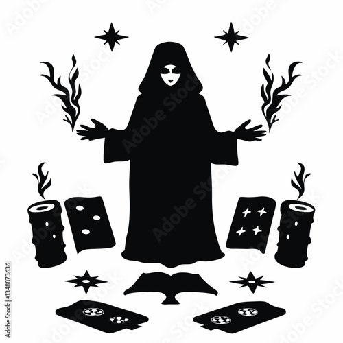 Hooded sorcerer with magical items icon