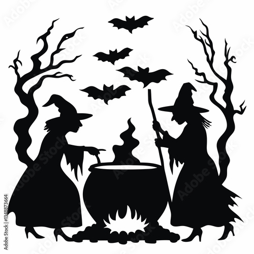 Witches brewing potion with bats and trees icon