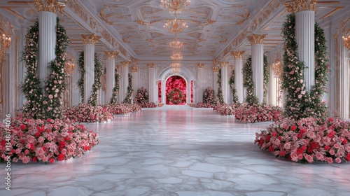 Fototapeta Naklejka Na Ścianę i Meble -  Grand Ballroom Decorated with Abundant Roses for a Luxurious Wedding