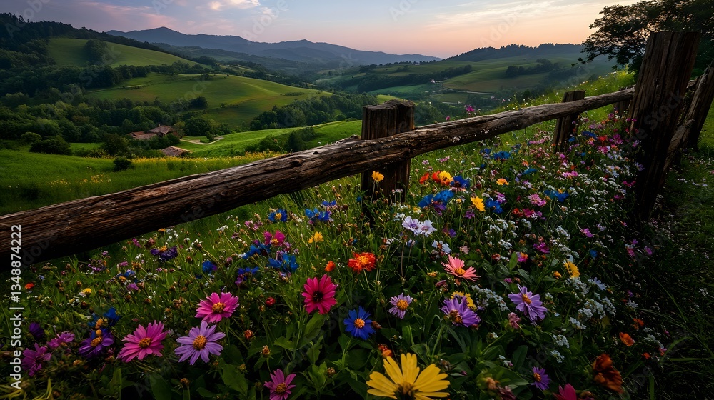Obraz premium A Weathered Wooden Fence Nestled Among Wildflowers, Gently Overlooking the Endless Rolling Green Hills