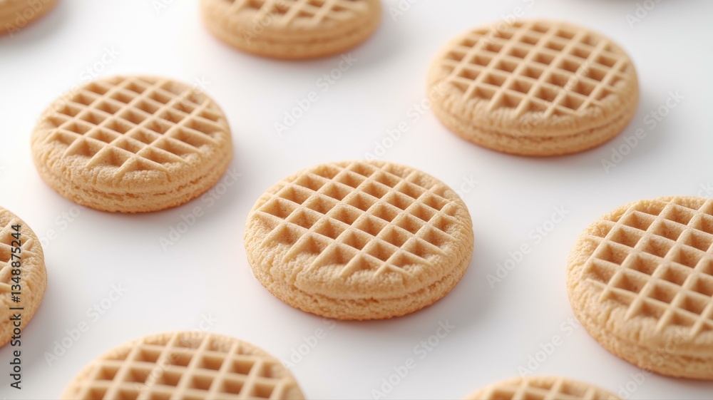 Close-up of arranged waffle cookies on white background, showcasing texture and pattern. Fresh baked dessert snacks. Close-up of arranged waffle cookies on white background, showcasing texture and pattern. Fresh baked dessert snacks.
