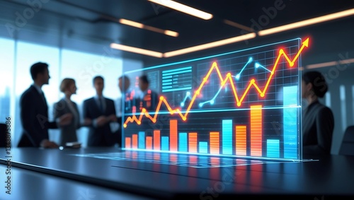 Holographic Financial Charts Displaying Market Trends in a High-Tech Corporate Environment.