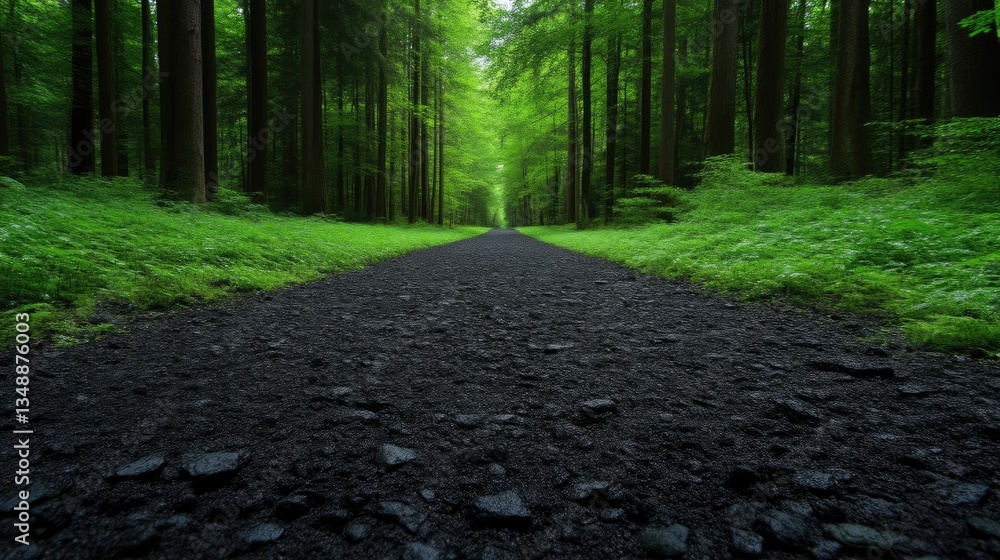 Fototapeta premium Dark path through lush green forest. A gravel road stretches into a dense, verdant woodland, lined with tall trees. Sunlight filters through the canopy, casting dappled light on the forest floor