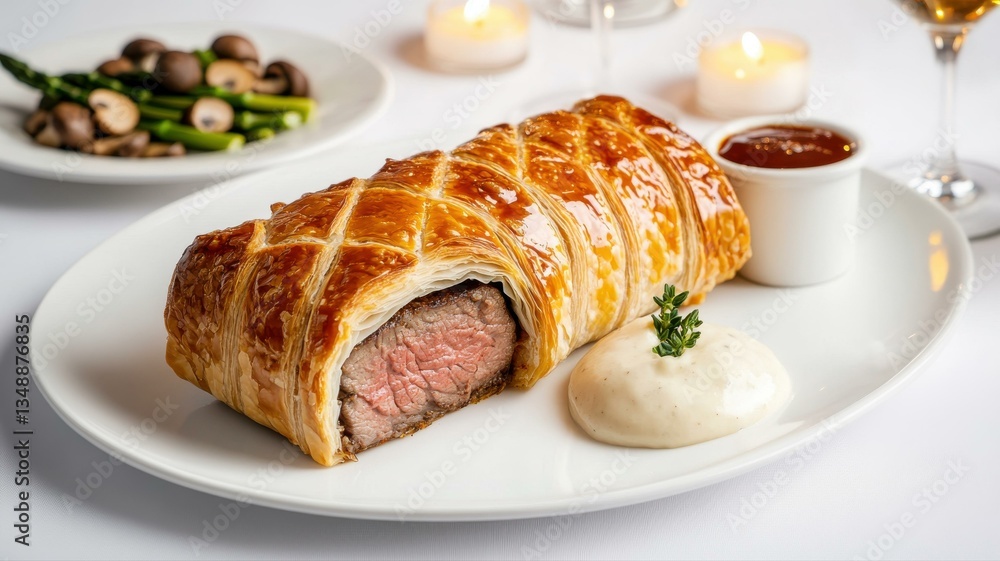 Delicious beef Wellington with pastry and sauce, perfect for gourmet dining and special occasions. Delicious beef Wellington with pastry and sauce, perfect for gourmet dining and special occasions.