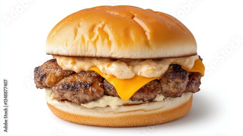 Delicious cheeseburger with melted cheese, savory patty, and soft bun, isolated on white background.