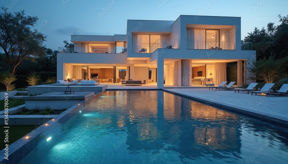 Fototapeta premium Modern luxury villa with swimming pool and landscaped garden at evening. Interior illumination creates cozy atmosphere. Real estate investment. House for sale or rent. Holiday vacation.