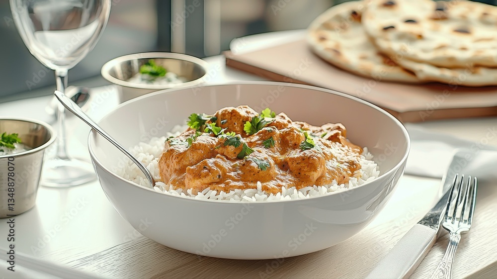 Delicious curry served in a bowl with rice and garnished herbs, with naan bread on a table setting. Delicious curry served in a bowl with rice and garnished herbs, with naan bread on a table setting.
