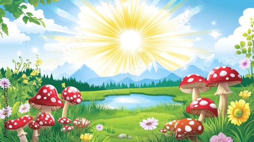 Fairy tale meadow, sun shining, mushrooms, peaceful scene, stock photo