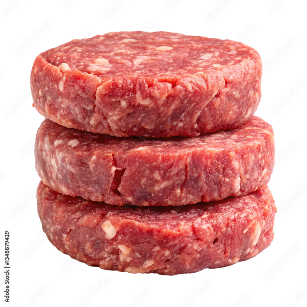 A stack of three raw hamburger patties made of ground beef on a plain black colored background close up transparent background A stack of three raw hamburger patties made of ground beef on a plain black colored background close up transparent background